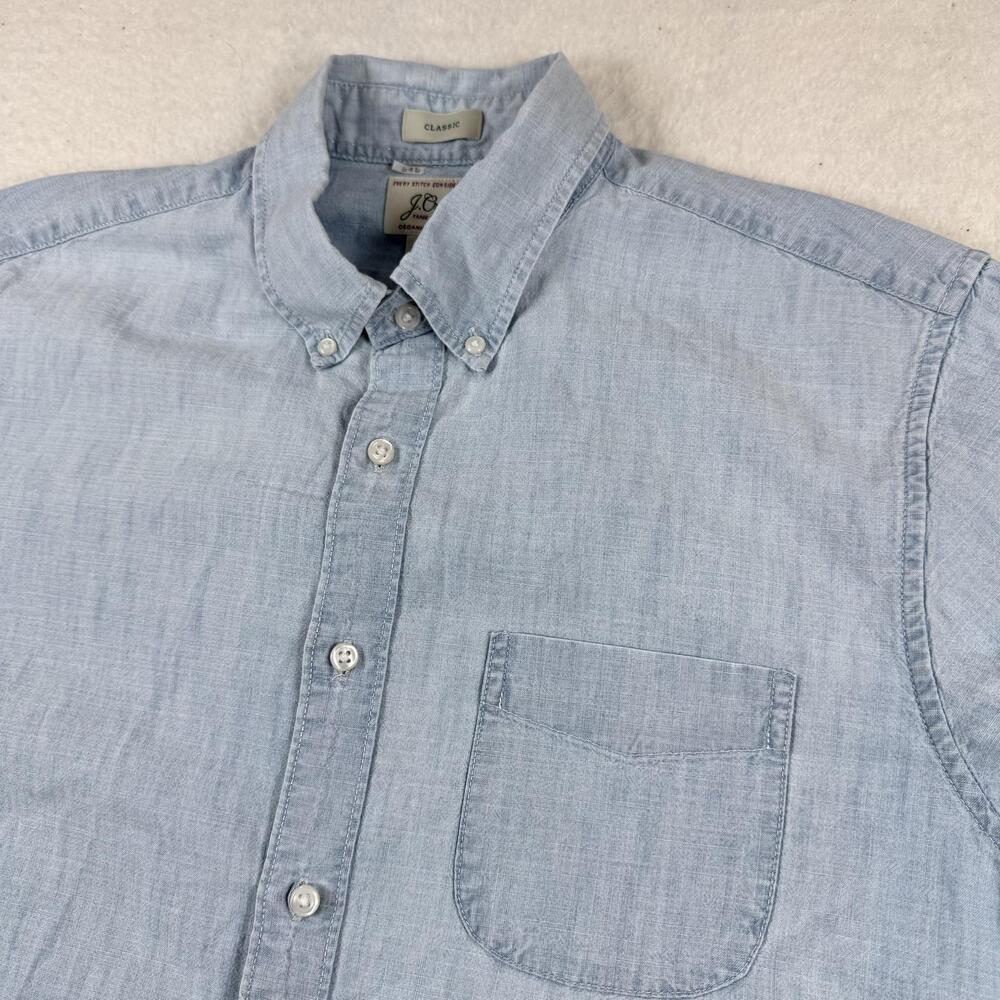 J.Crew Shirt Mens Size M Blue Chambray Organic Cotton Short Sleeve Button Down